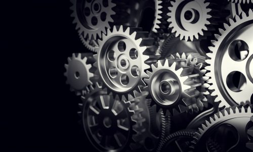 Mechanism, gears and cogs at work. Industrial machinery. Close-up, detailed. 3D illustration